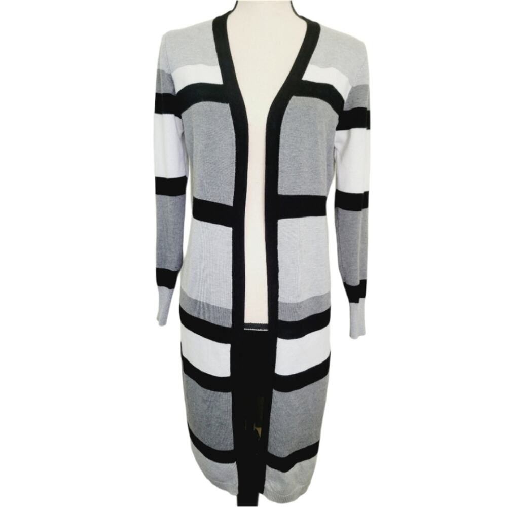 Women's Striped Long Open Cardigan - Black White Gray Size Small Sweater